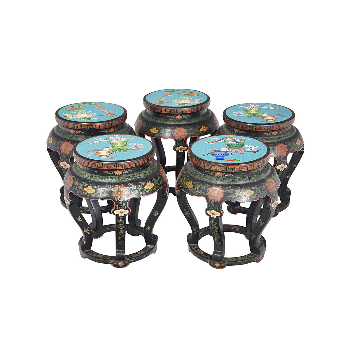 Set of Five Lacquer and Cloisonné Enamel Inlay Drum Stools