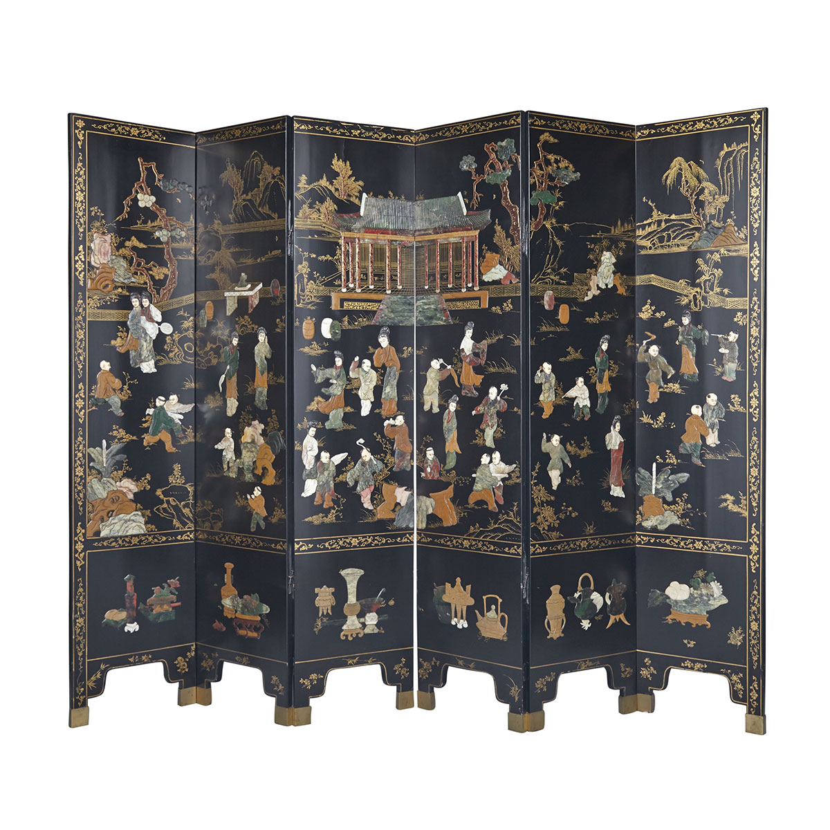 Six-Panel Hardstone and Ivory Inlay Black Lacquer Coromandel Screen, Late Qing Dynasty