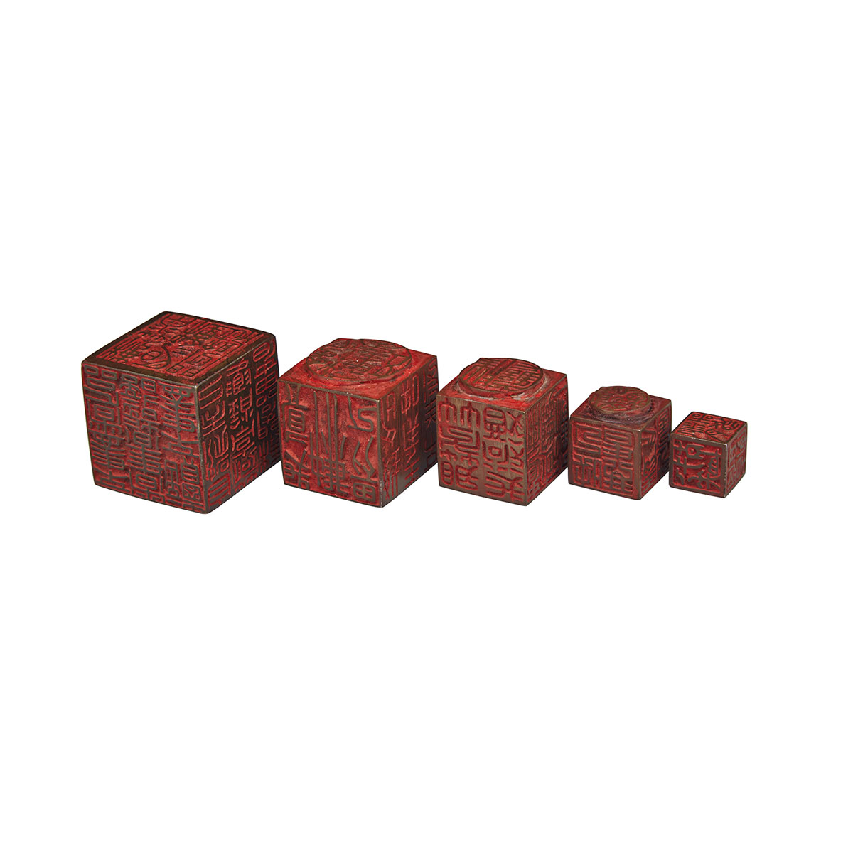 Unusual Bronze Five-Piece Nesting Seal Set, Late Qing Dynasty