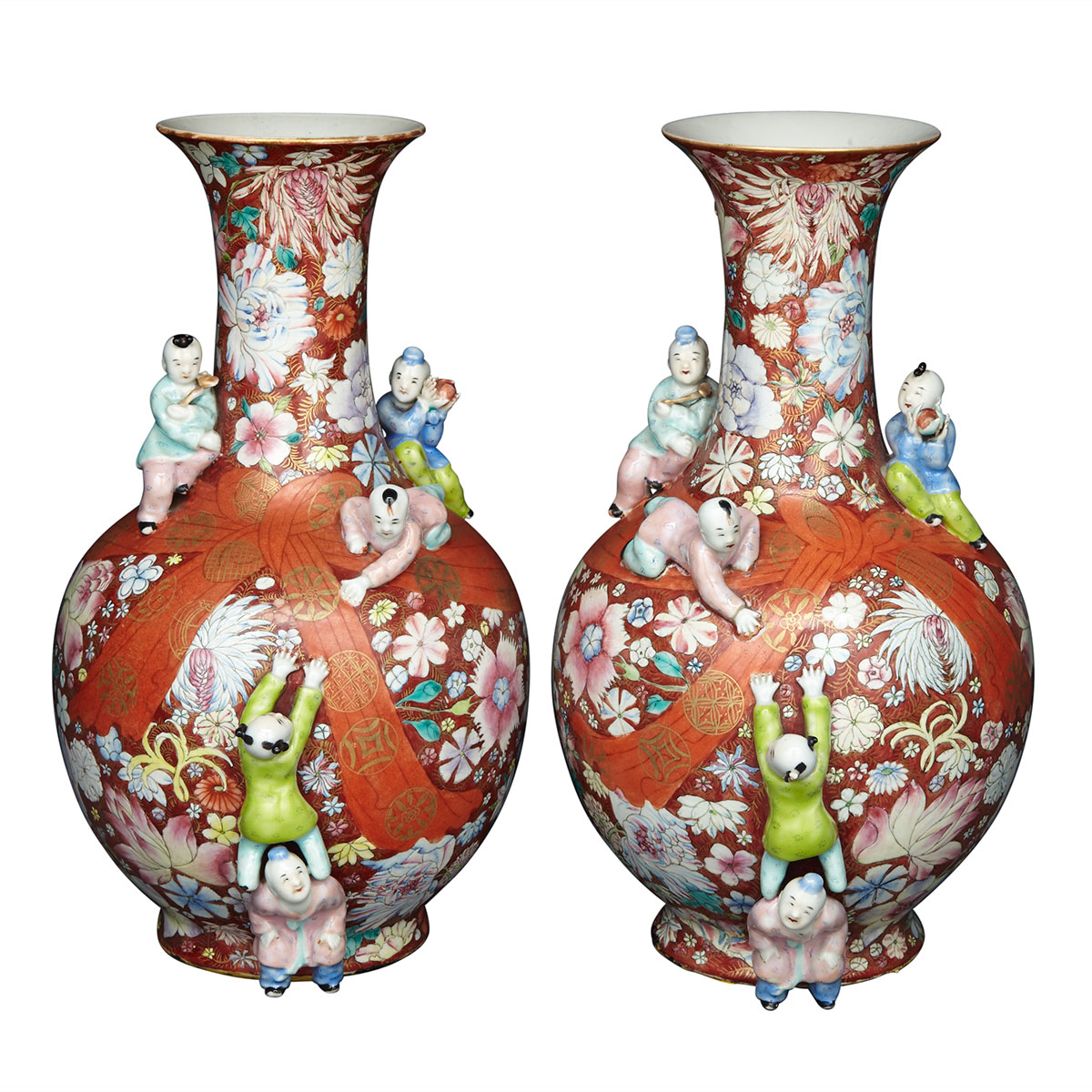 Pair of Famille Rose ‘Moulded Boys’ Millefleur Vases, Qianlong Mark, Republican Period