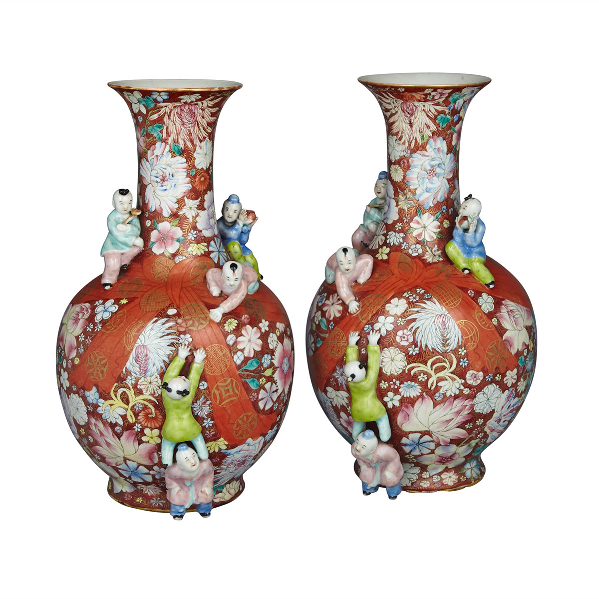 Pair of Famille Rose ‘Moulded Boys’ Millefleur Vases, Qianlong Mark, Republican Period