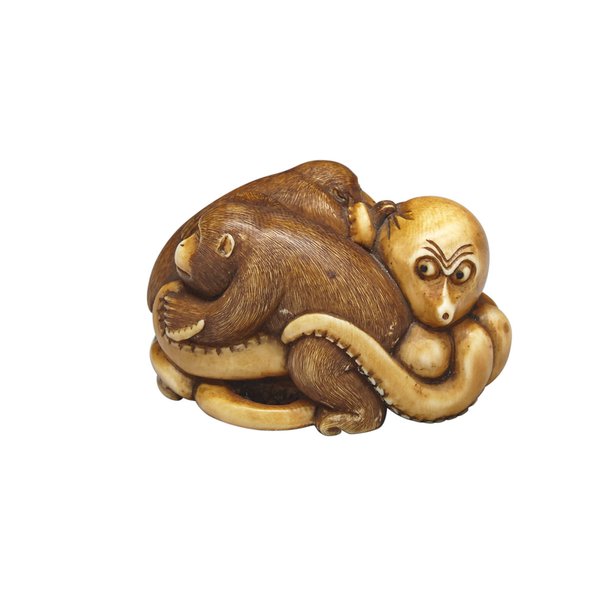 Ivory Netsuke of an Octopus and Two Monkeys, 19th Century