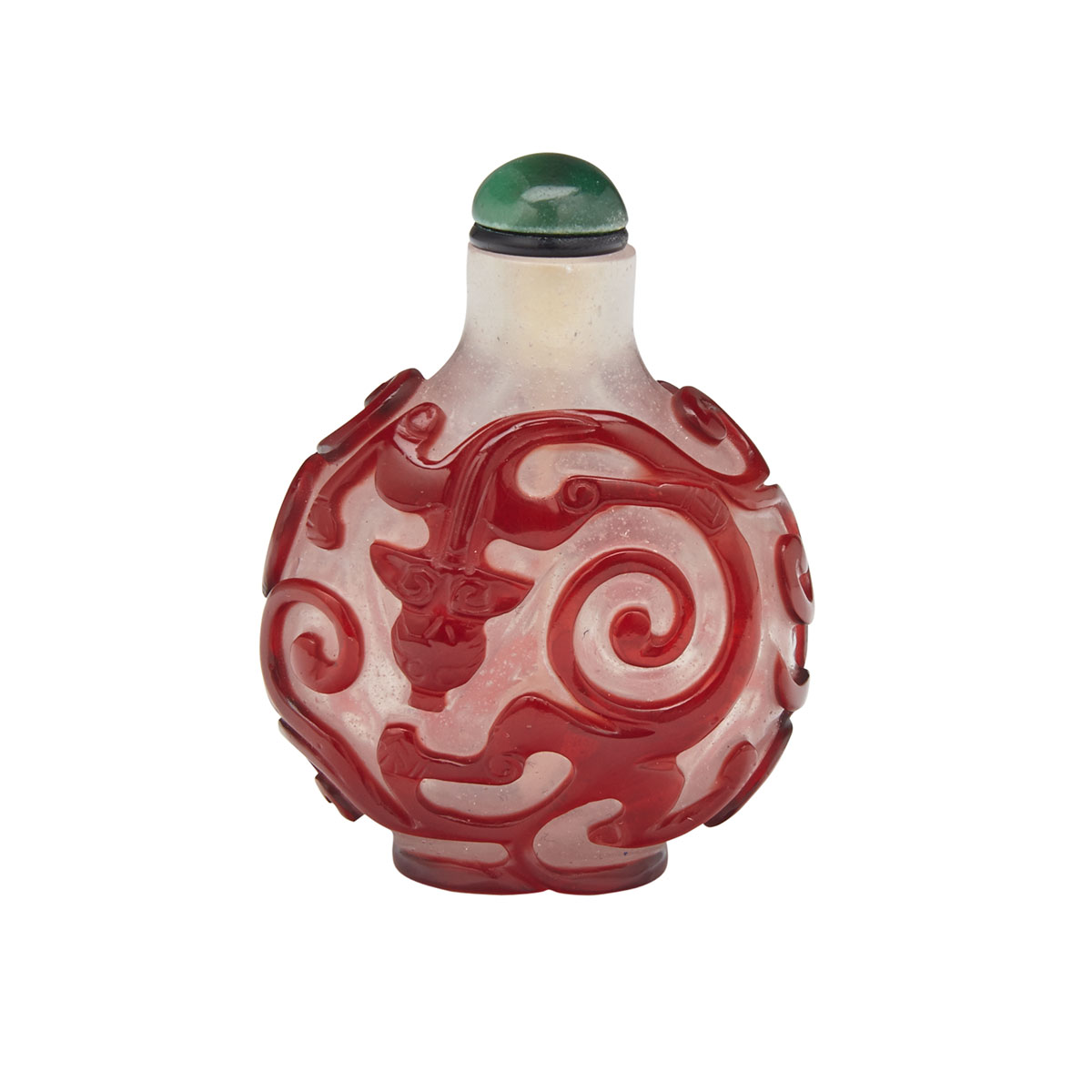 Red Overlay White ‘Archaistic Dragon’ Snuff Bottle, 19th Century