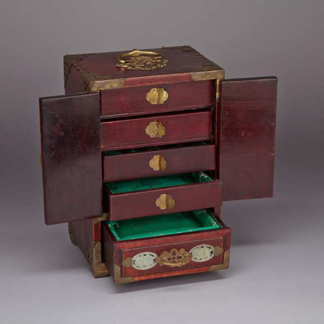 Enamel and Hardstone Inlay Jewelry Cabinet, Mid 20th Century