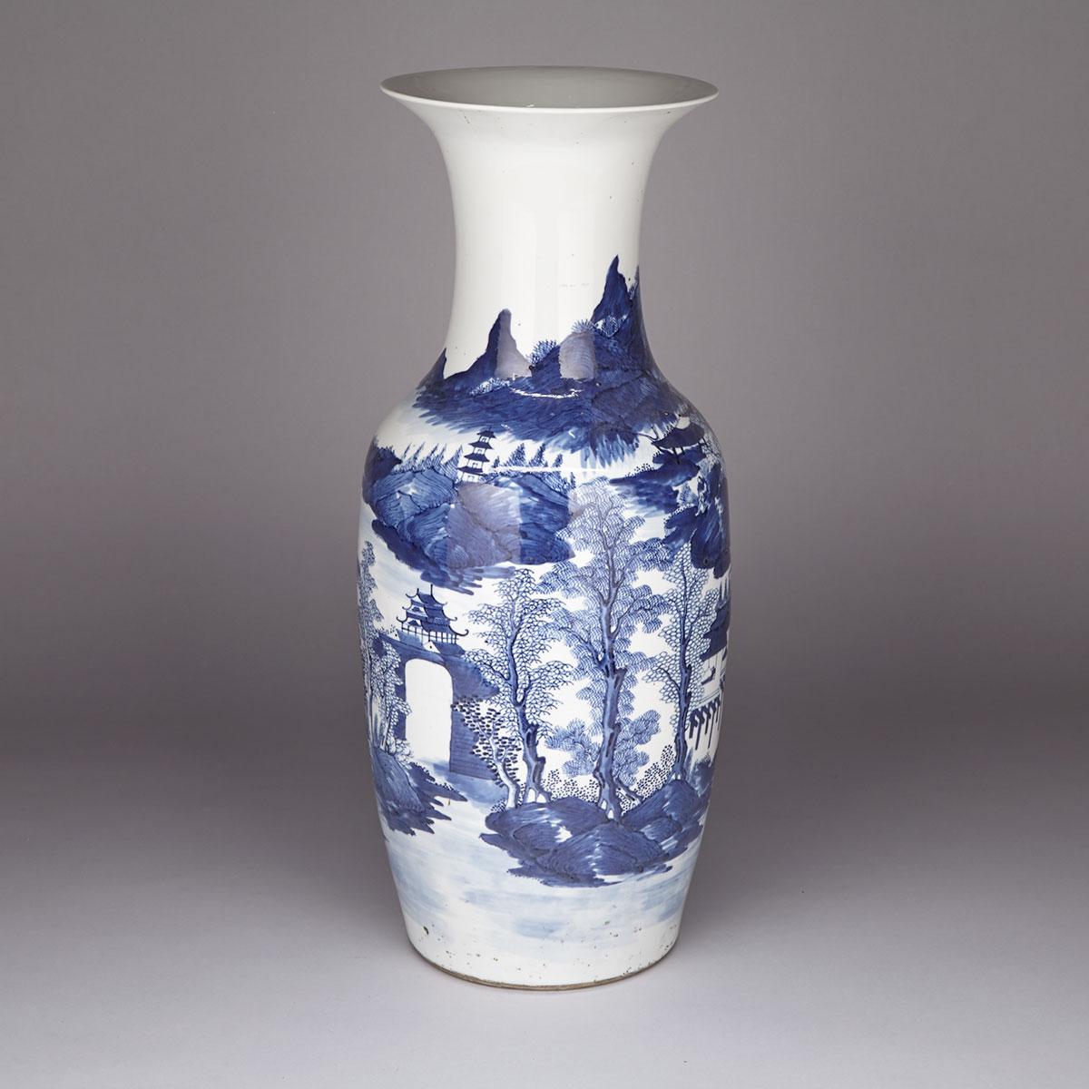 Large Blue and White Landscape Baluster Vase, Mid 20th Century