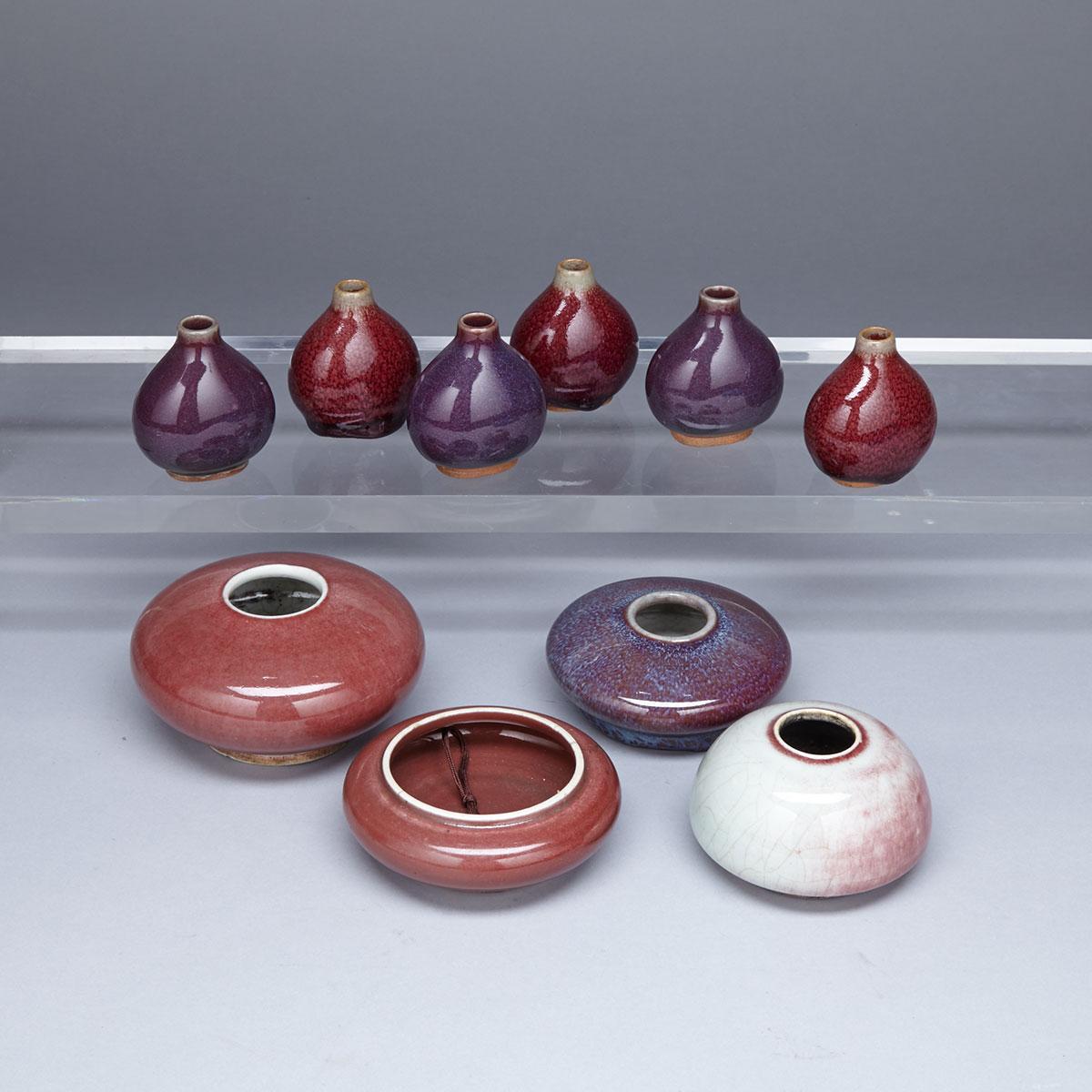 Group of Ten Flambe and Peachbloom Glazed Scholar Vessels