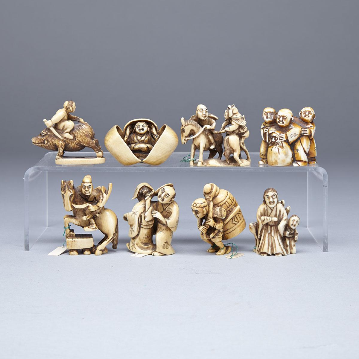Eight Tinted Ivory Figural Netsukes, Circa 1930’s
