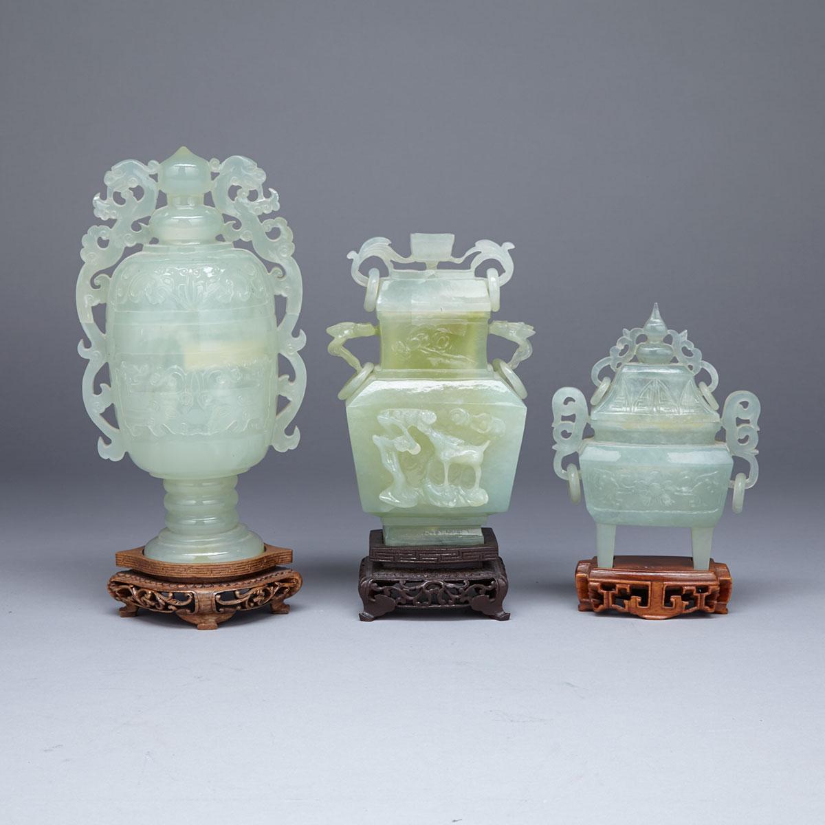 Three Serpentine Carved Vases and Covers, Mid-20th Century