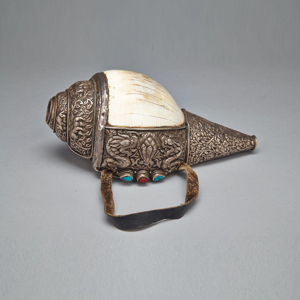 Silver Mounted Conch, Tibet, 19th Century