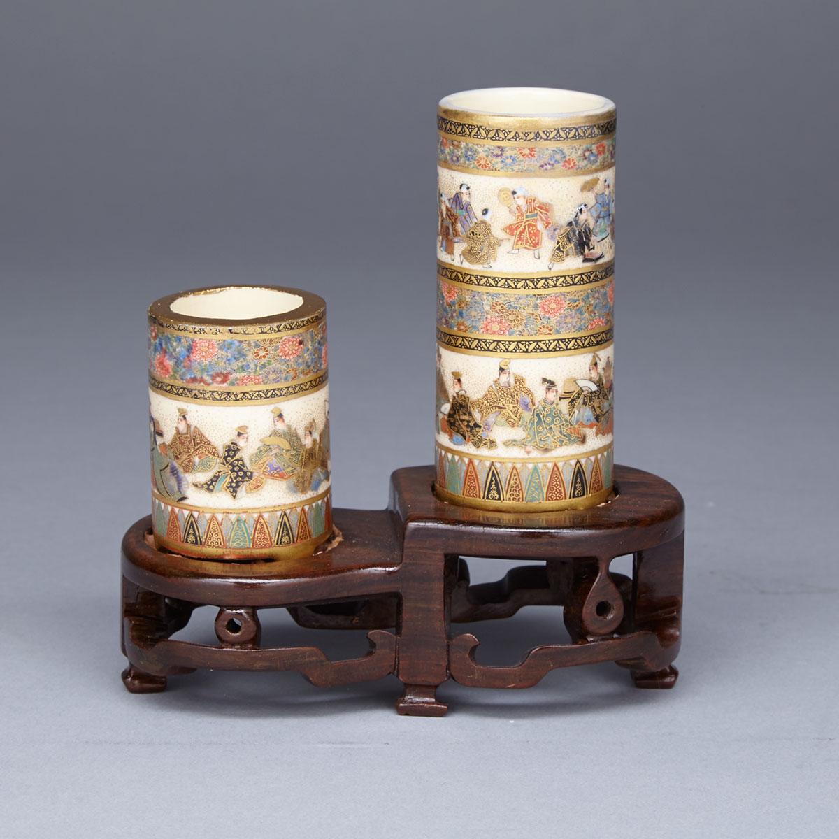 Pair of Miniature Satsuma Cylindrical Containers, Signed Kinkozan, Meiji Period, 19th Century