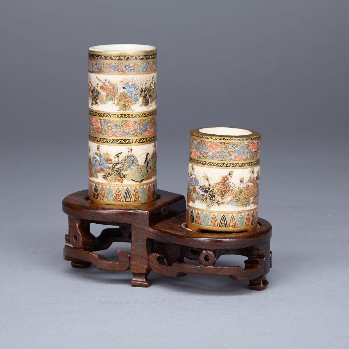 Pair of Miniature Satsuma Cylindrical Containers, Signed Kinkozan, Meiji Period, 19th Century