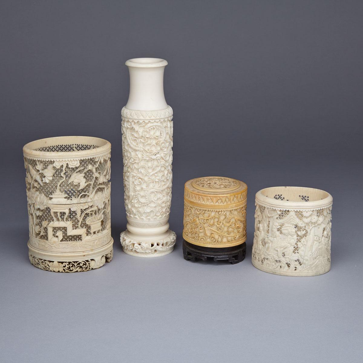 Four Ivory Carved Decorative Vases, Circa 1900-1940