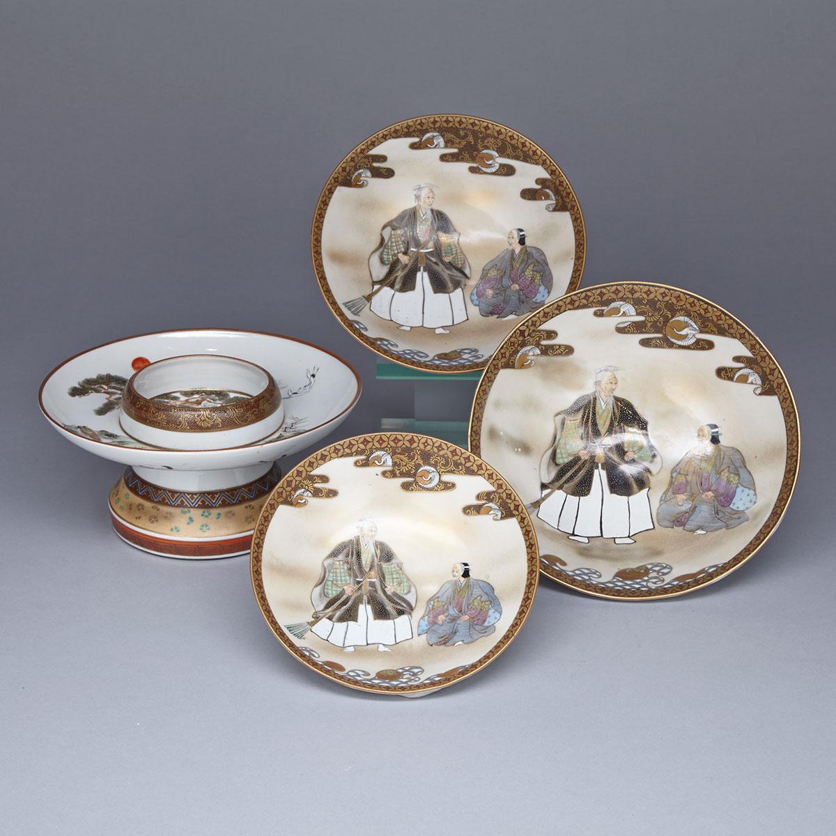 Finely Painted Kutani Footed Stand and Three Graduated Bowls, Meiji Period, 19th Century