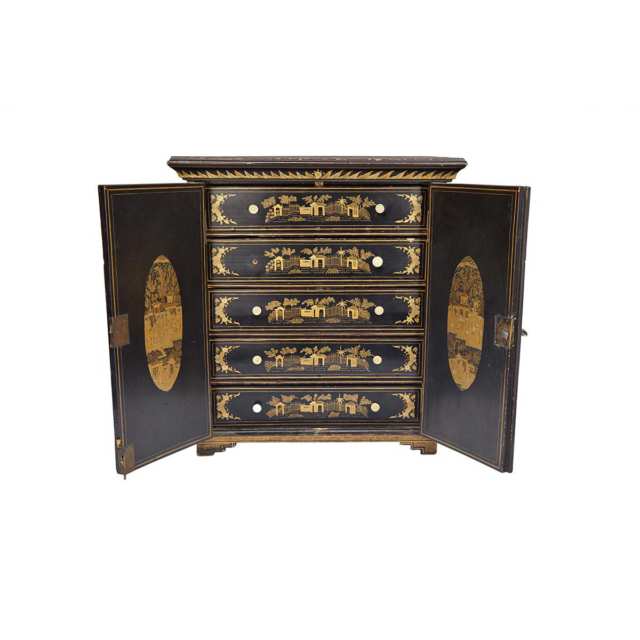Large Export Black and Gilt Lacquer Jewelry Cabinet, 19th Century