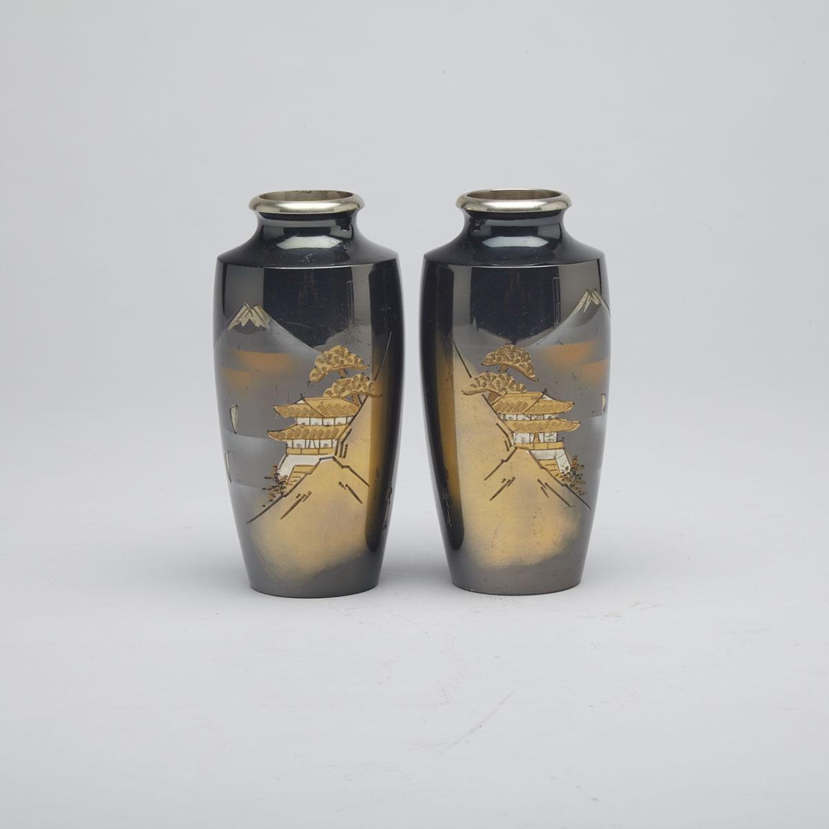 Pair of Miniature Silvered and Mixed-Metal Inlay Vases, Signed, Japan, Mid-20th Century