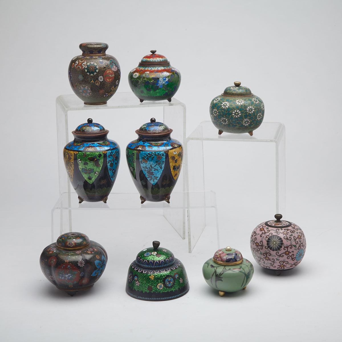 Group of Nine Cloisonné Enamel Covered Vessels, Japan, Early 20th Century