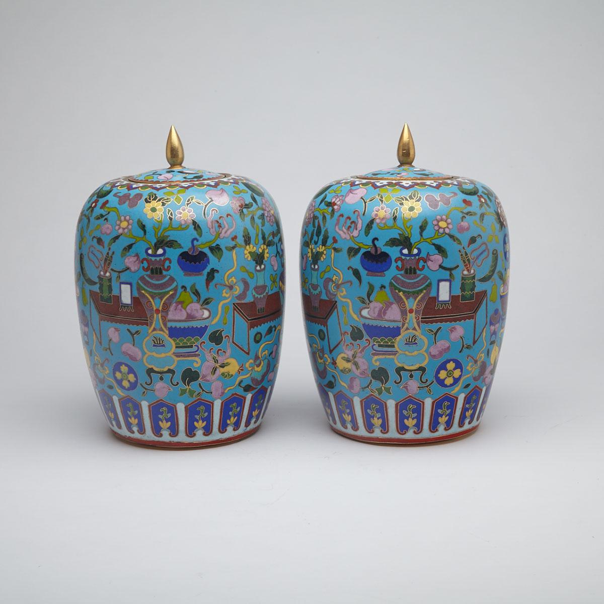 Pair of Blue Ground Cloisonné Enamel ’100 Antique’ Ginger Jars, China, Mid-20th Century