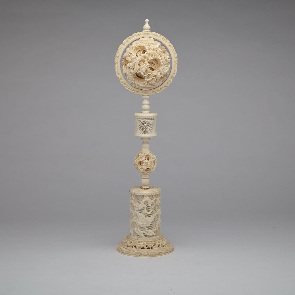Large Ivory Carved Puzzle Ball and Stand, Circa 1930’s