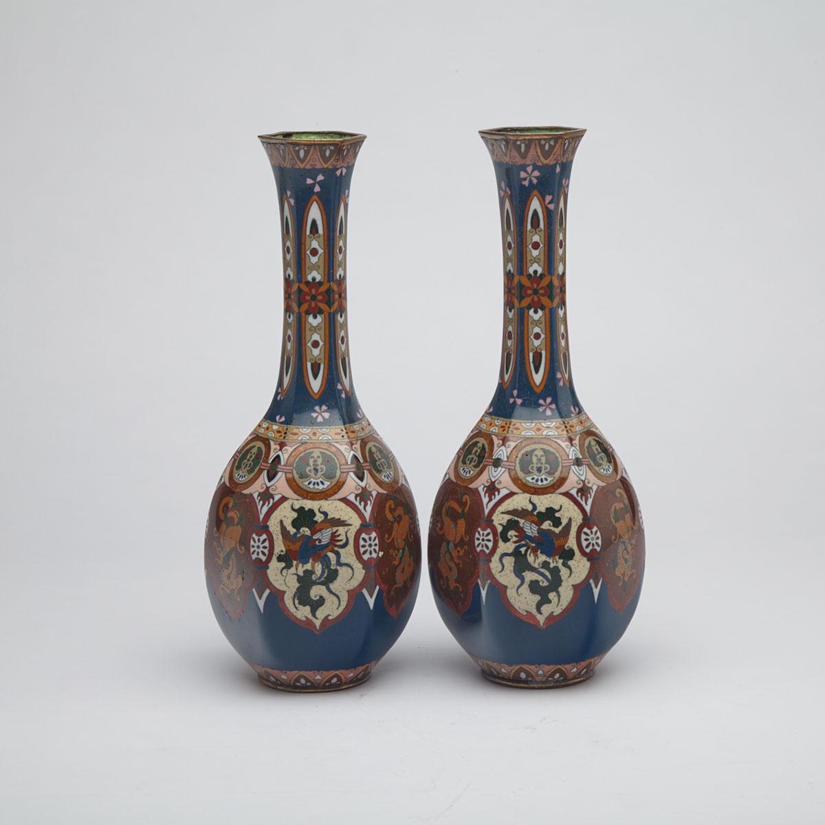 Pair of Cloisonné Enamel Bottle Vases,Japan, Early 20th Century