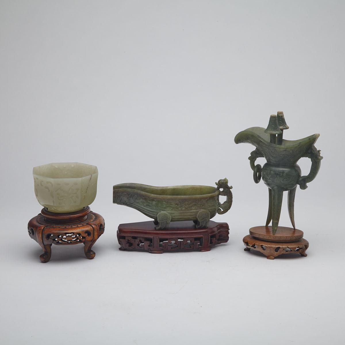 Two Spinach Green Jade Archaistic Vessels, Mid-20th Century 