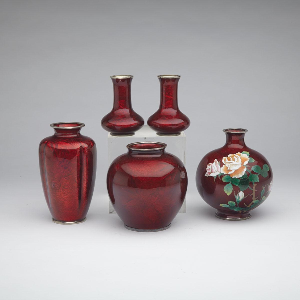 Five Cloisonné Enamel ‘Pigeon Blood’ Vases, Japan, Early 20th Century