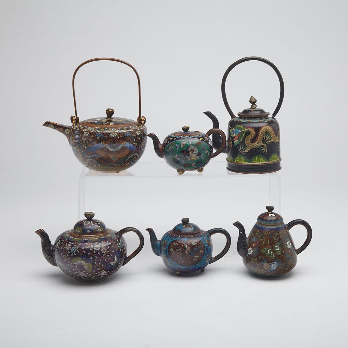 Six Cloisonné Enamel Teapots, China and Japan, Early 20th Century