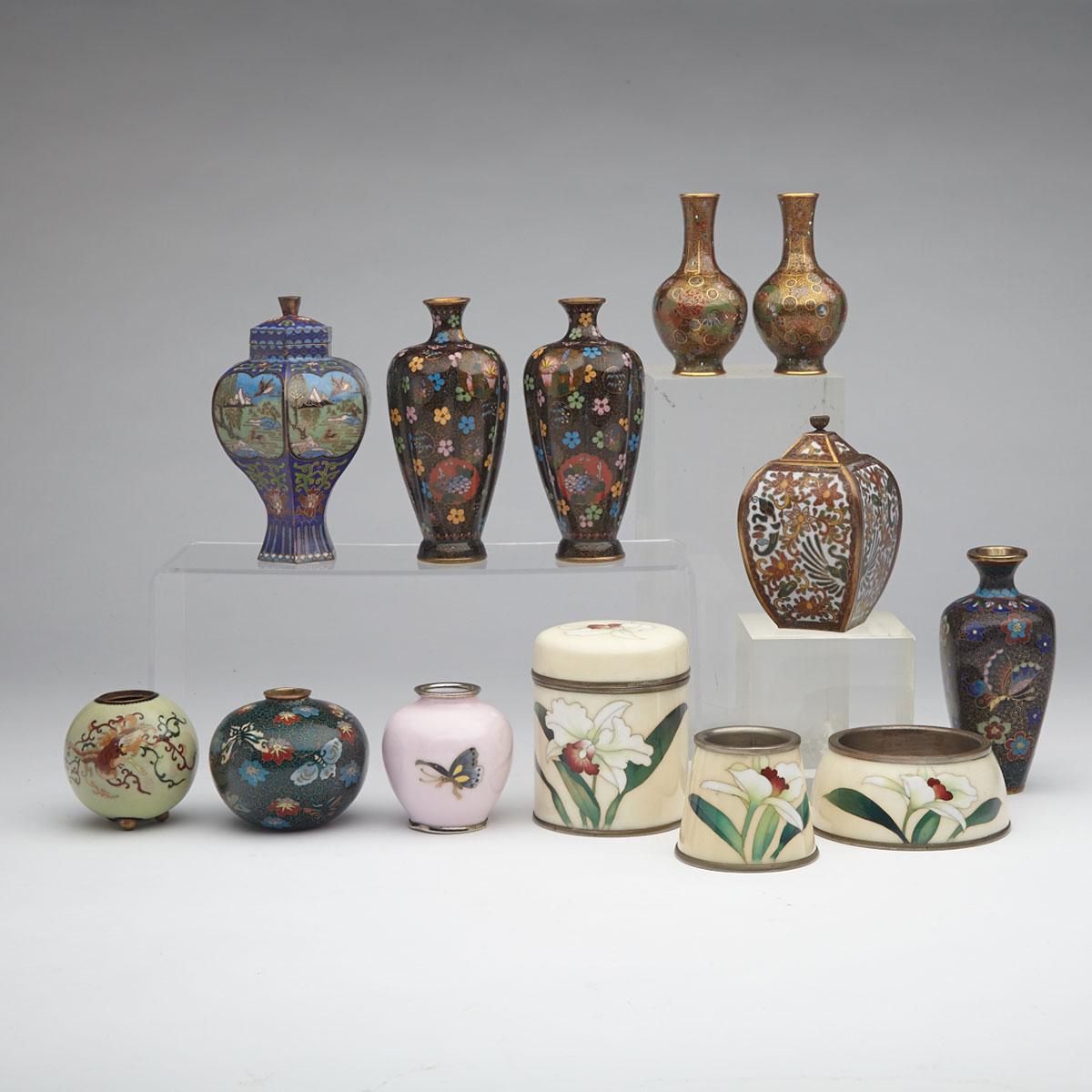 Group of Thirteen Small Cloisonné Enamel Vessels, Japan, First-Half 20th Century