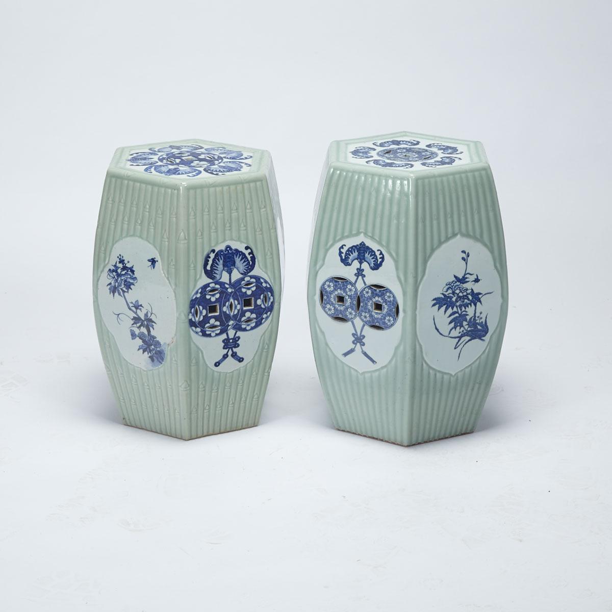 Pair of Blue and White Celadon Ground Stools, Republican Period