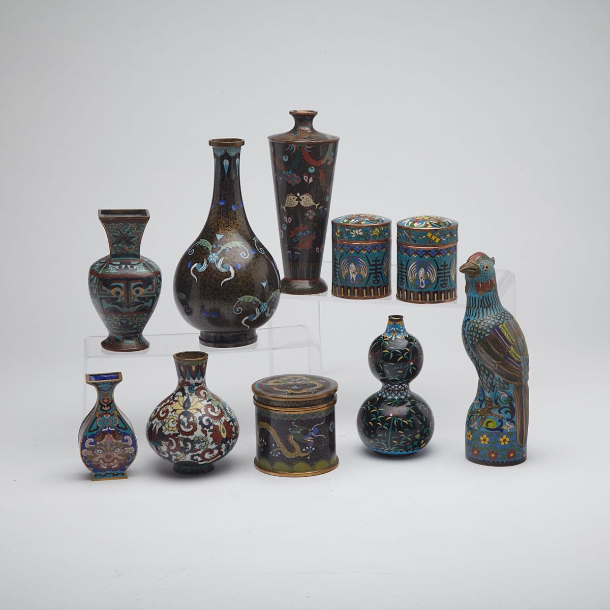 Group of Ten Cloisonné Enamel Vessels, China and Japan, First-Half 20th Century