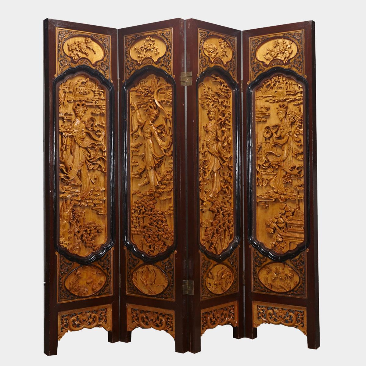 Four Panel Hardwood ‘Figural’ Screen, Mid-20th Century 