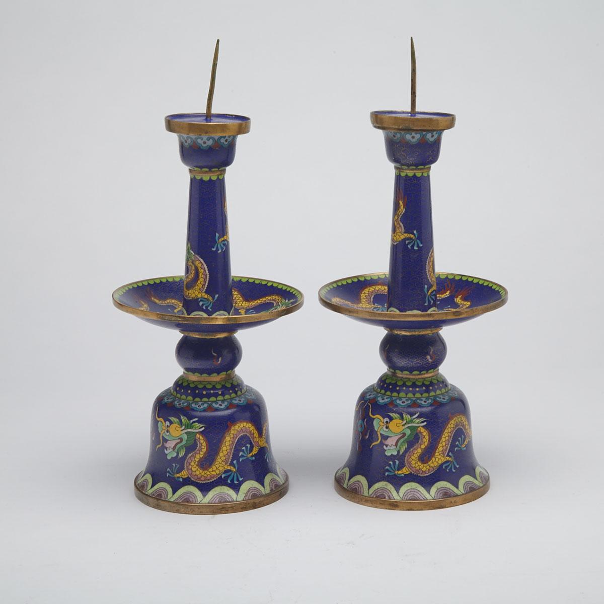 Pair of Blue Ground Dragon Candlesticks, China, Mid-20th Century