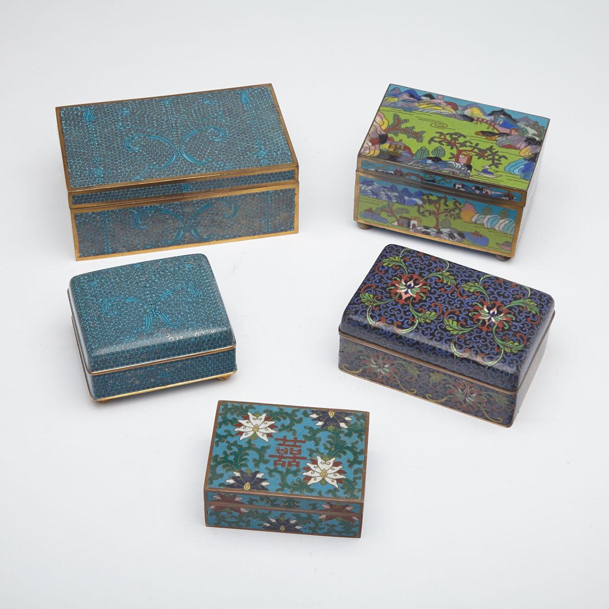 Five Cloisonné Enamel Square Form Boxes, China and Japan, Early 20th Century