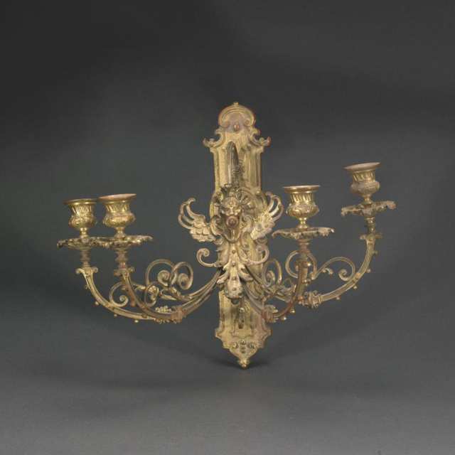 Pair of Continental Gilt Brass Four-Light Wall Sconces, late 19th century