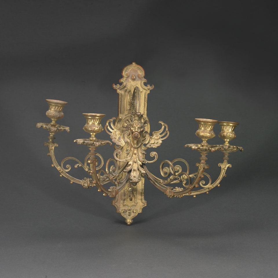 Pair of Continental Gilt Brass Four-Light Wall Sconces, late 19th century