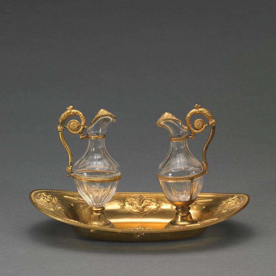 Continental Gilt Brass and Cut Glass Two-Bottle Cruet, late 19th century