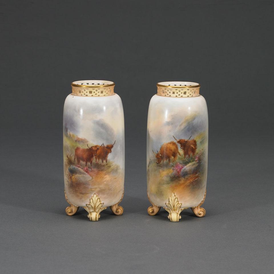 Pair of Royal Worcester Highland Cattle Vases, Harry Stinton, 1908