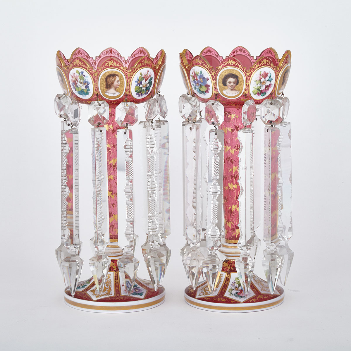 Pair of Bohemian Overlaid and Enameled Red Glass Lustres, late 19th century