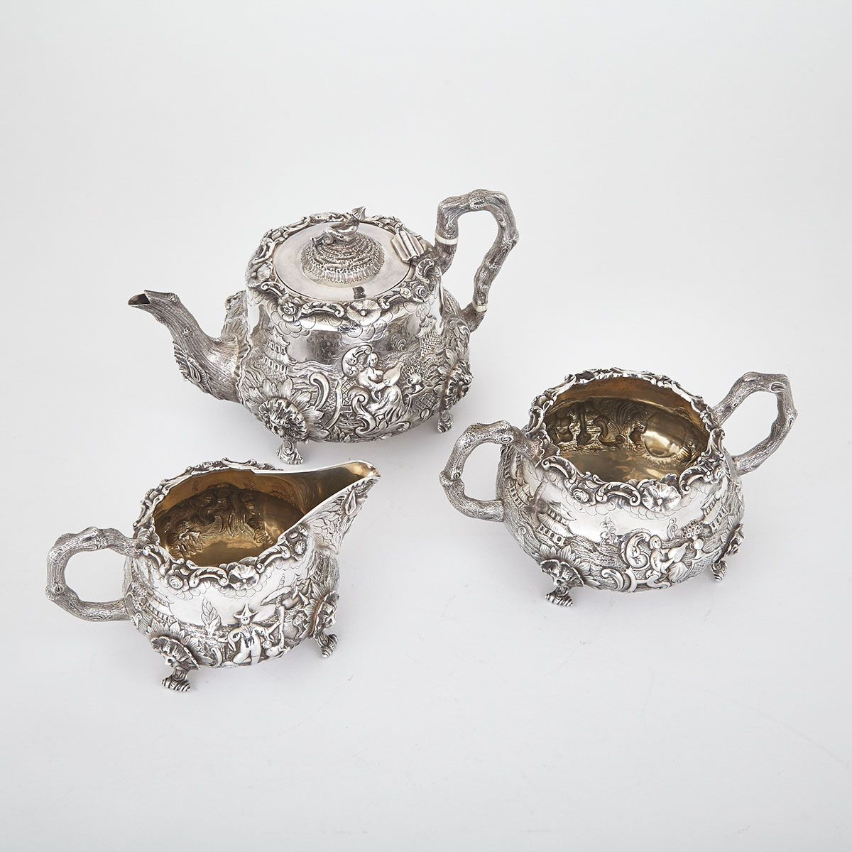 Victorian Silver Chinoiserie Tea Service, Charles Gordon and Francis David Dexter, London, 1840/41
