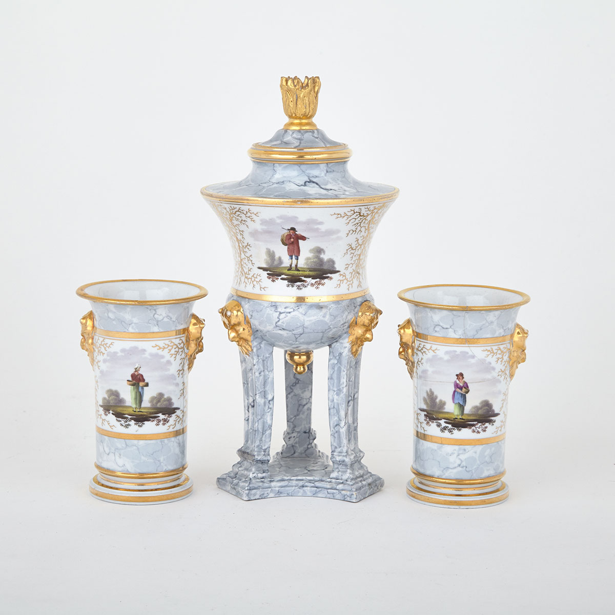 Garniture of Three Barr, Flight & Barr Worcester Grey Marbled Ground Vases, c.1804-13