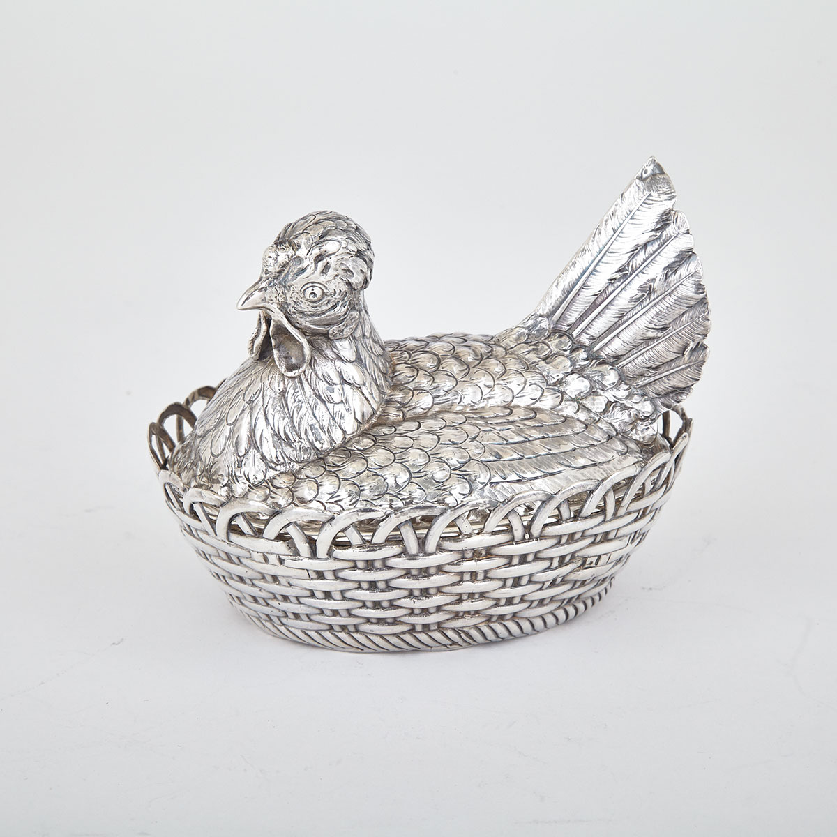 German Silver Hen-Form Egg Cruet, probably Hanau, late 19th century