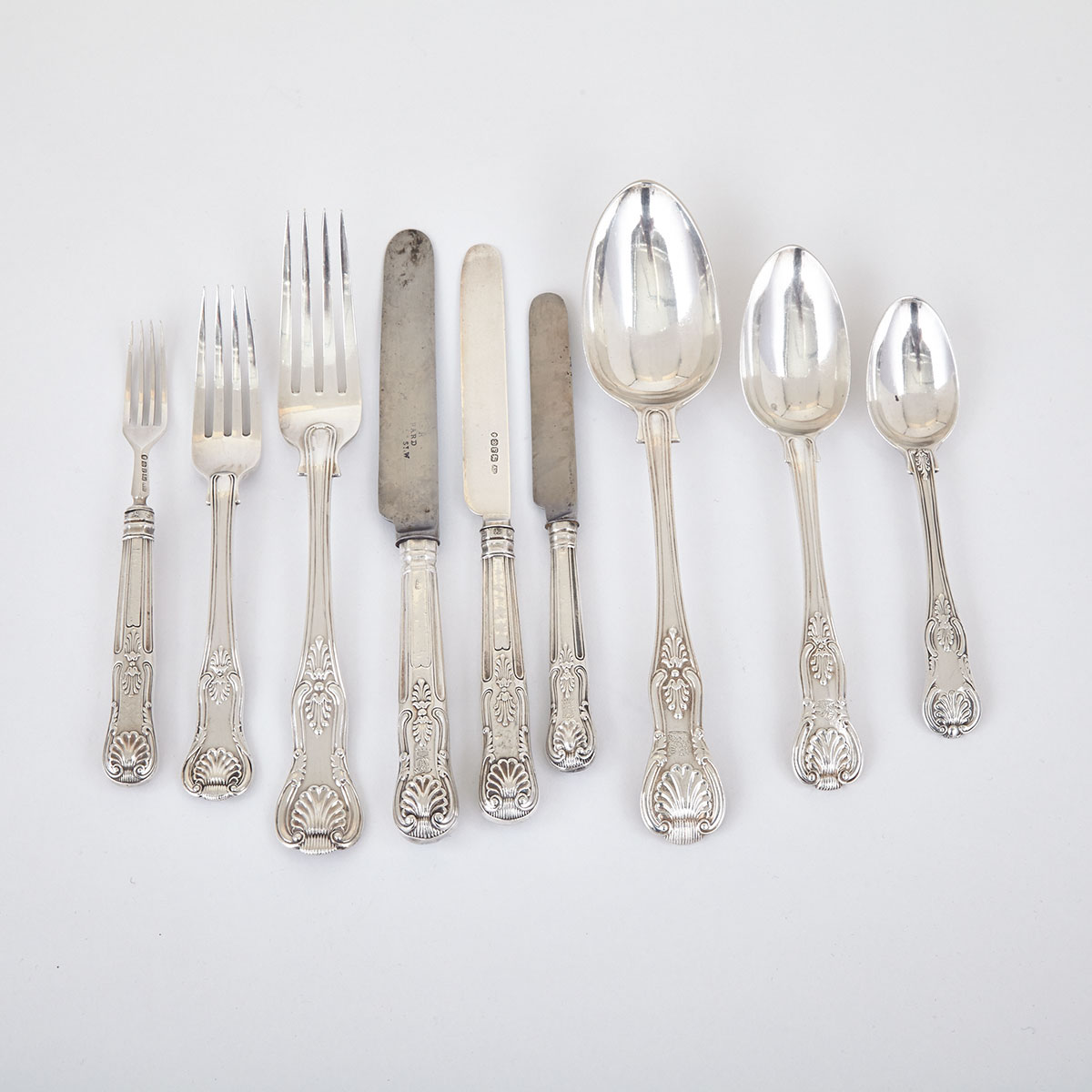 Assembled Georgian and Victorian Silver Kings Pattern Flatware Service, 19th century