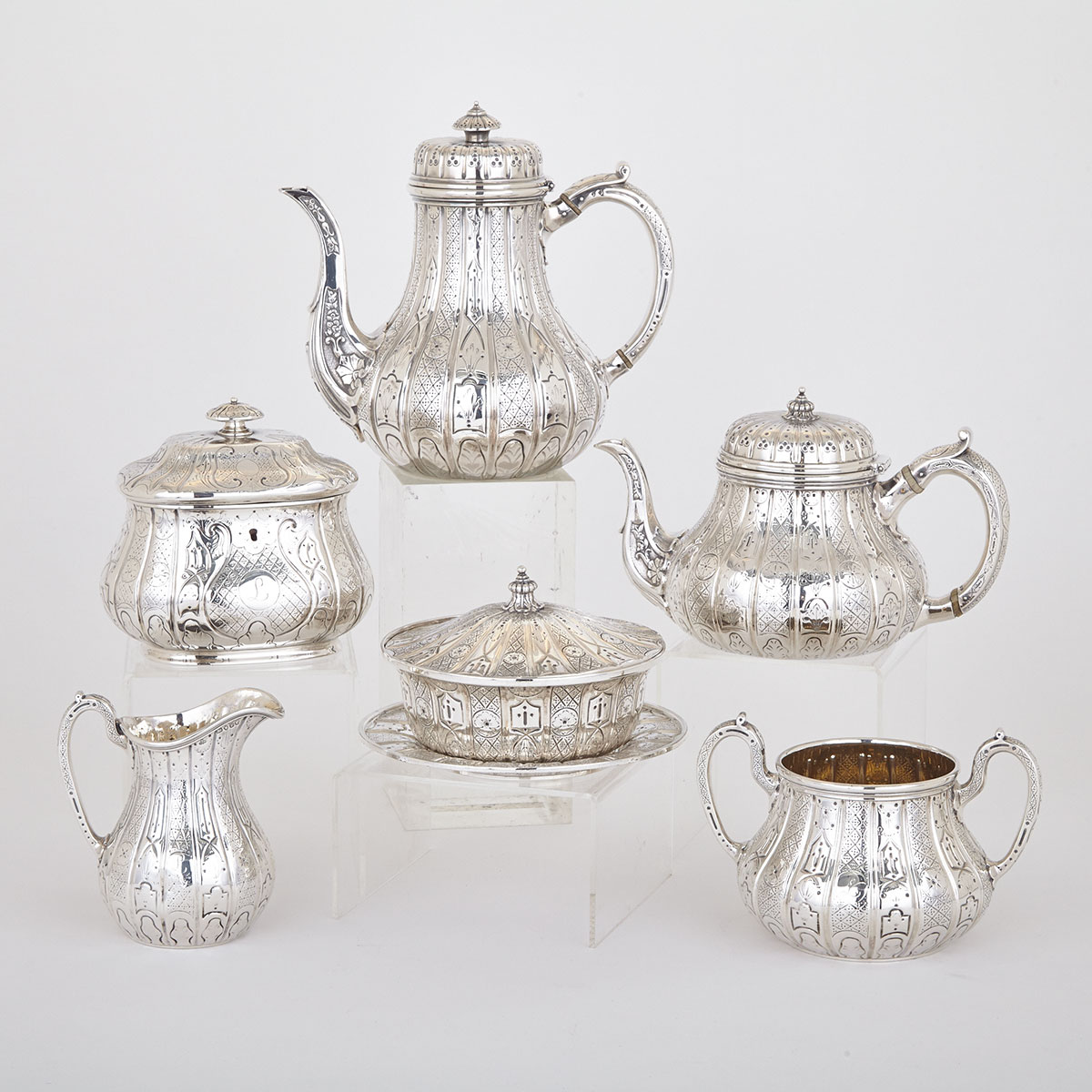 Assembled Victorian Silver Tea and Coffee Service, Robert Garrard, John S. Hunt and Edward & John Barnard London, 1845-51