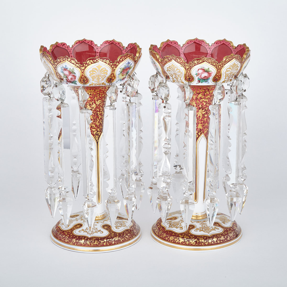Pair of Bohemian Overlaid and Enameled Red Glass Lustres, late 19th century