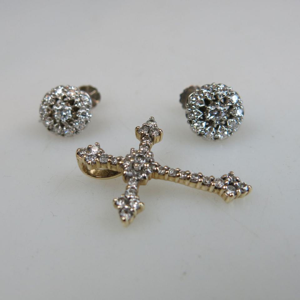 Pair Of 14k White Gold Screw-Back Earrings And A 14k Yellow Gold Cross Pendant