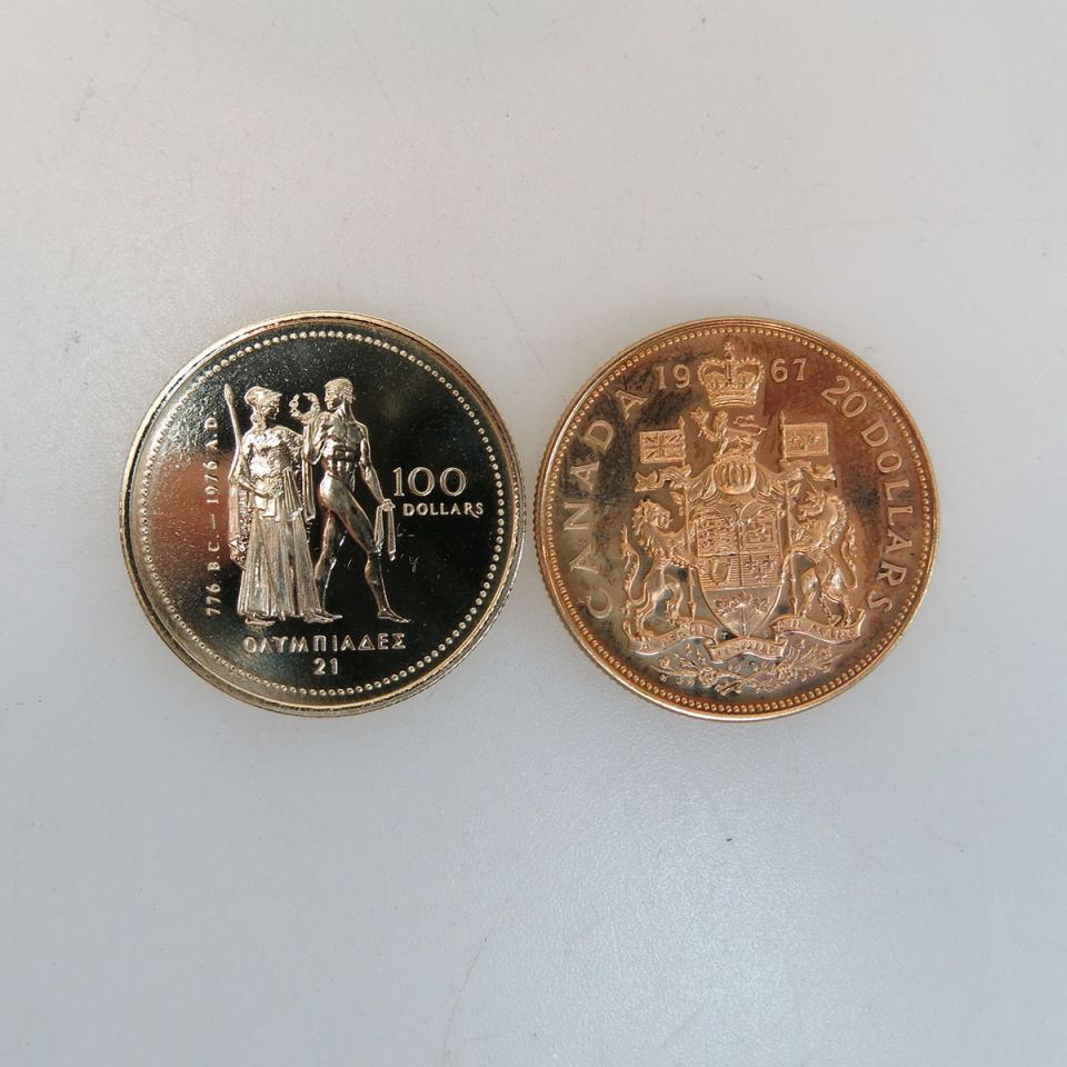 Canadian 1967 $20 Gold Coin & 1976 $100 Gold Coin