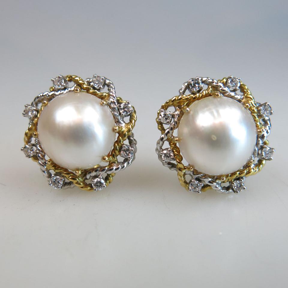 Pair Of 18k Yellow Gold And White Gold Clip-Back Button Earrings