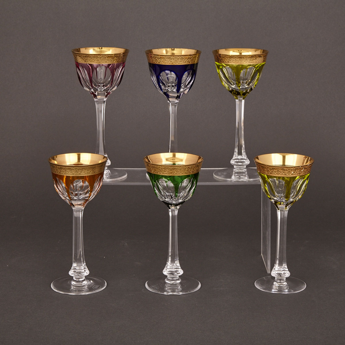 Set of Six Moser ‘Lady Hamilton’ Gilt, Cut and Coloured Glass Small Wine Glasses, 20th Century