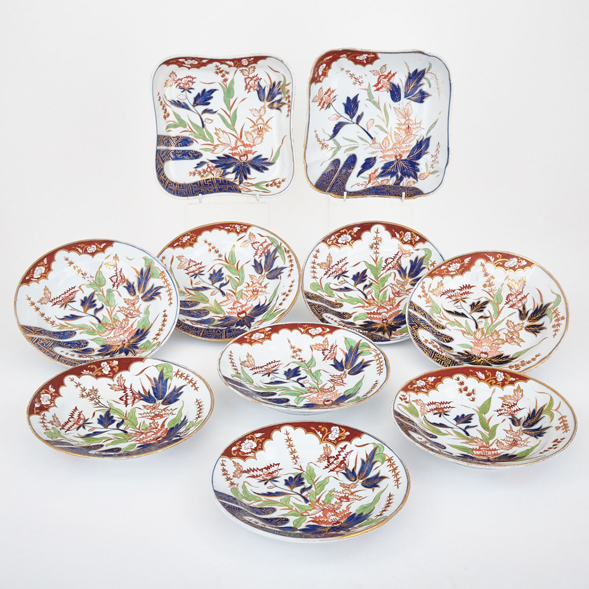 Eight Coalport Finger and Thumb Japan Pattern Dessert Plates and Two Square Dishes, early 19th century
