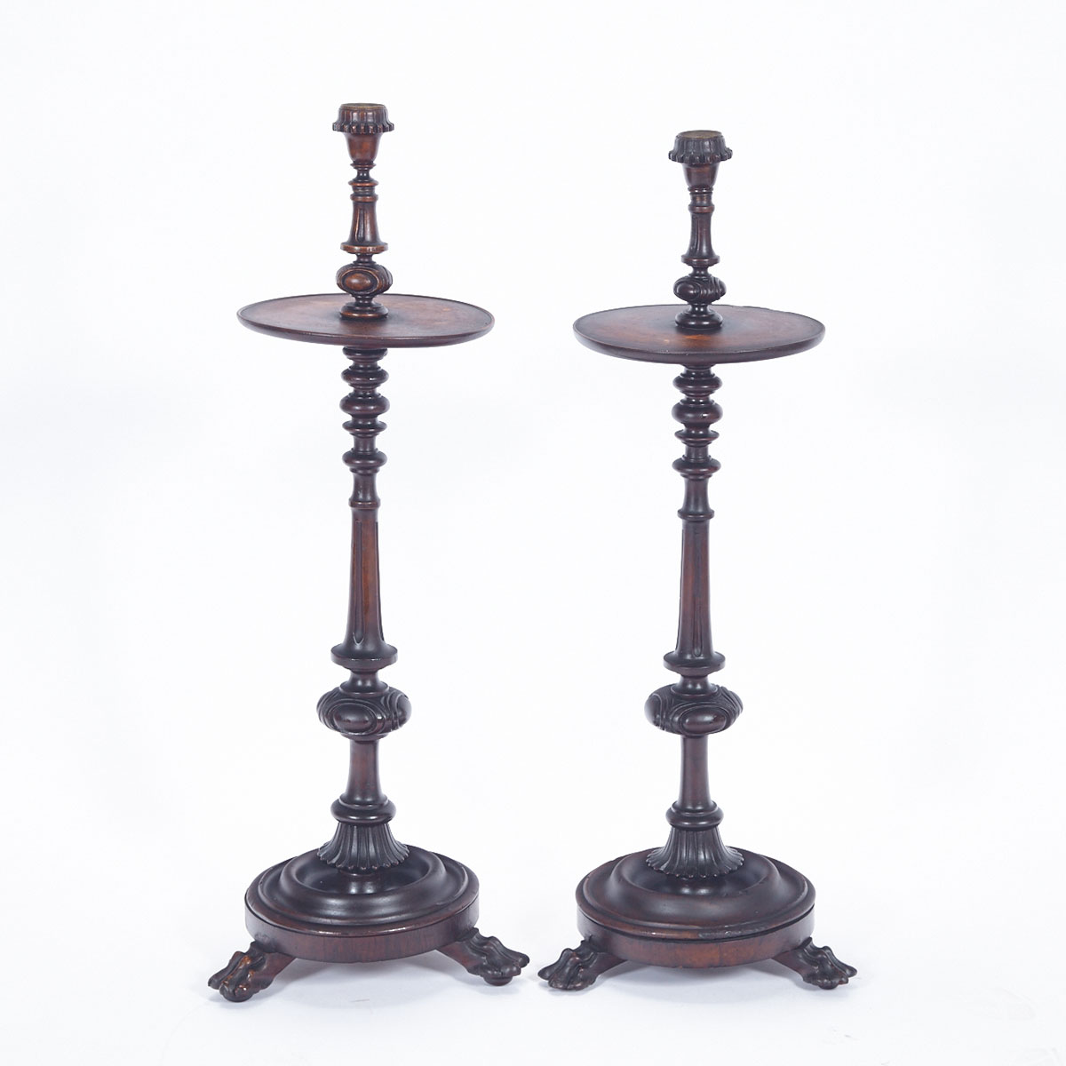 Pair of Victorian Turned and Carved Mahogany Tall Candle Stands, Wilkinson & Son, London, mid 19th century 