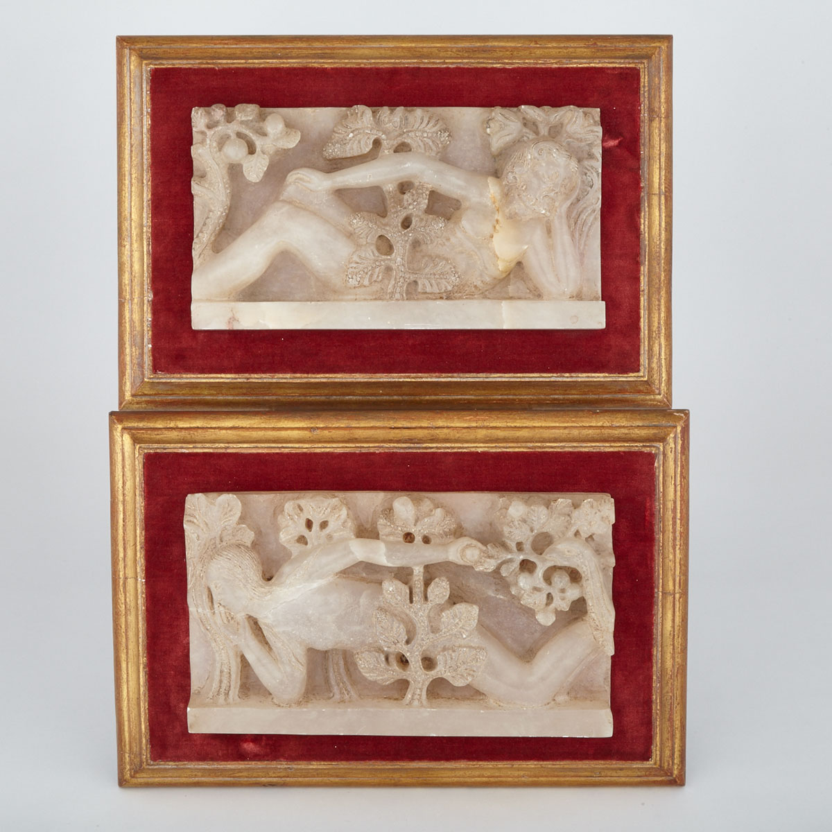 Pair of French Relief Carved Alabaster Plaques of Adam & Eve, after Gislebertus,  20th century